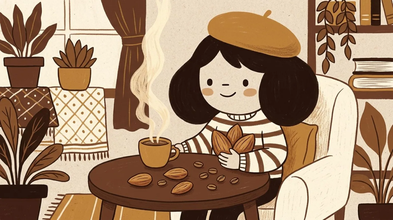 Illustration of a girl in a caramel beret holding almonds beside a steaming mug of coffee