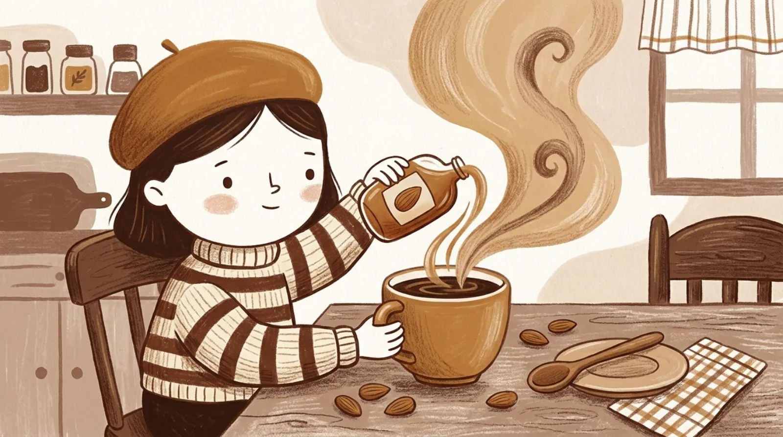 Illustration of a girl in a caramel beret pouring amaretto flavoring into a steaming mug beside whole almonds