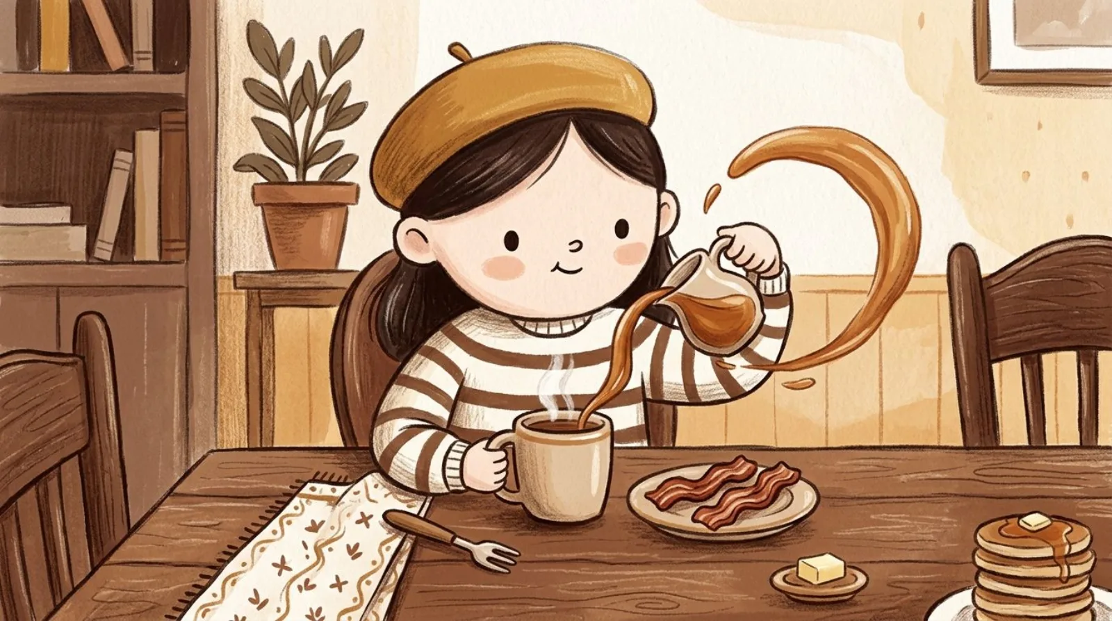Illustration of a girl in a caramel beret drizzling maple syrup into a mug of coffee beside a plate of bacon