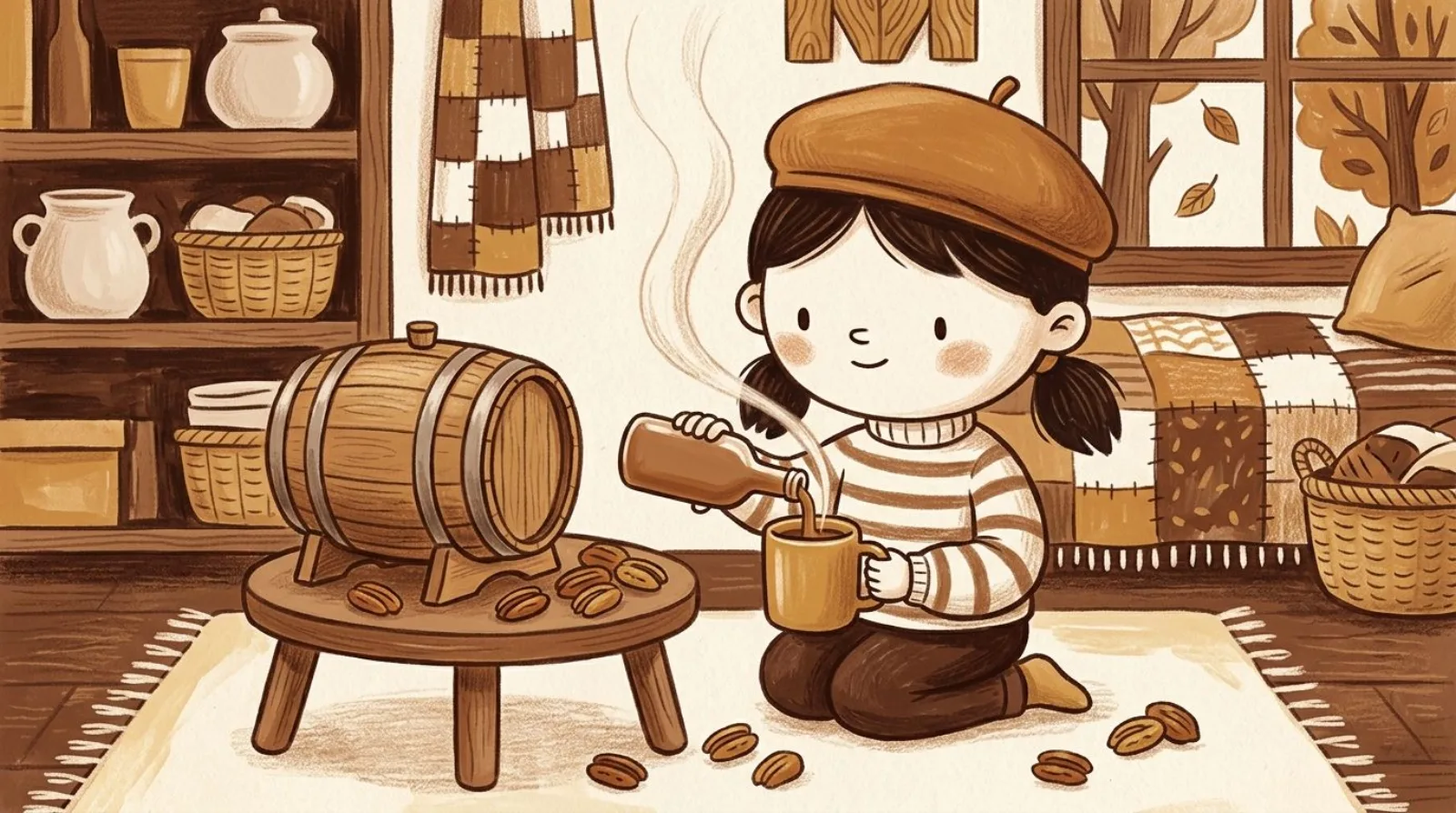 Illustration of a girl in a caramel beret pouring flavoring into a mug of coffee beside a wooden bourbon barrel and scattered pecans