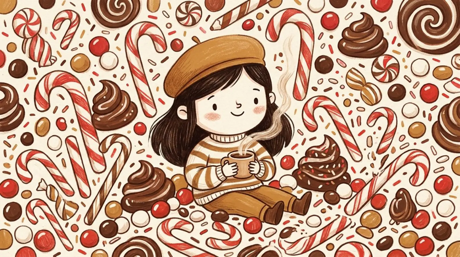 Illustration of a girl in a caramel beret enjoying candy flavored coffee beside candy canes and chocolate candy