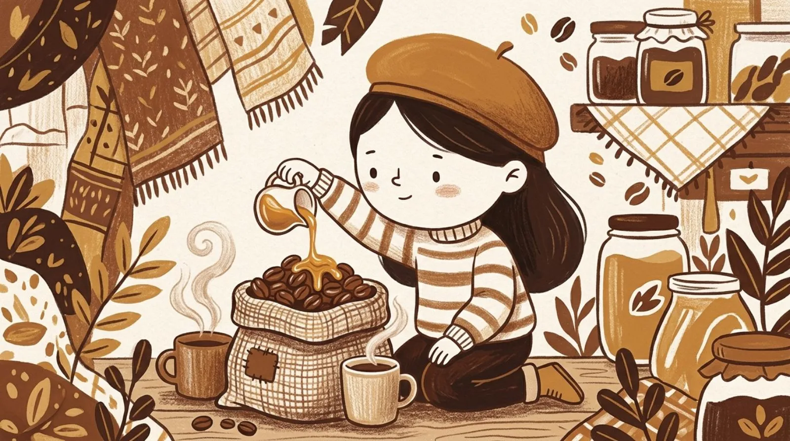 Illustration of a girl in a caramel beret drizzling caramel over a sack of whole coffee beans