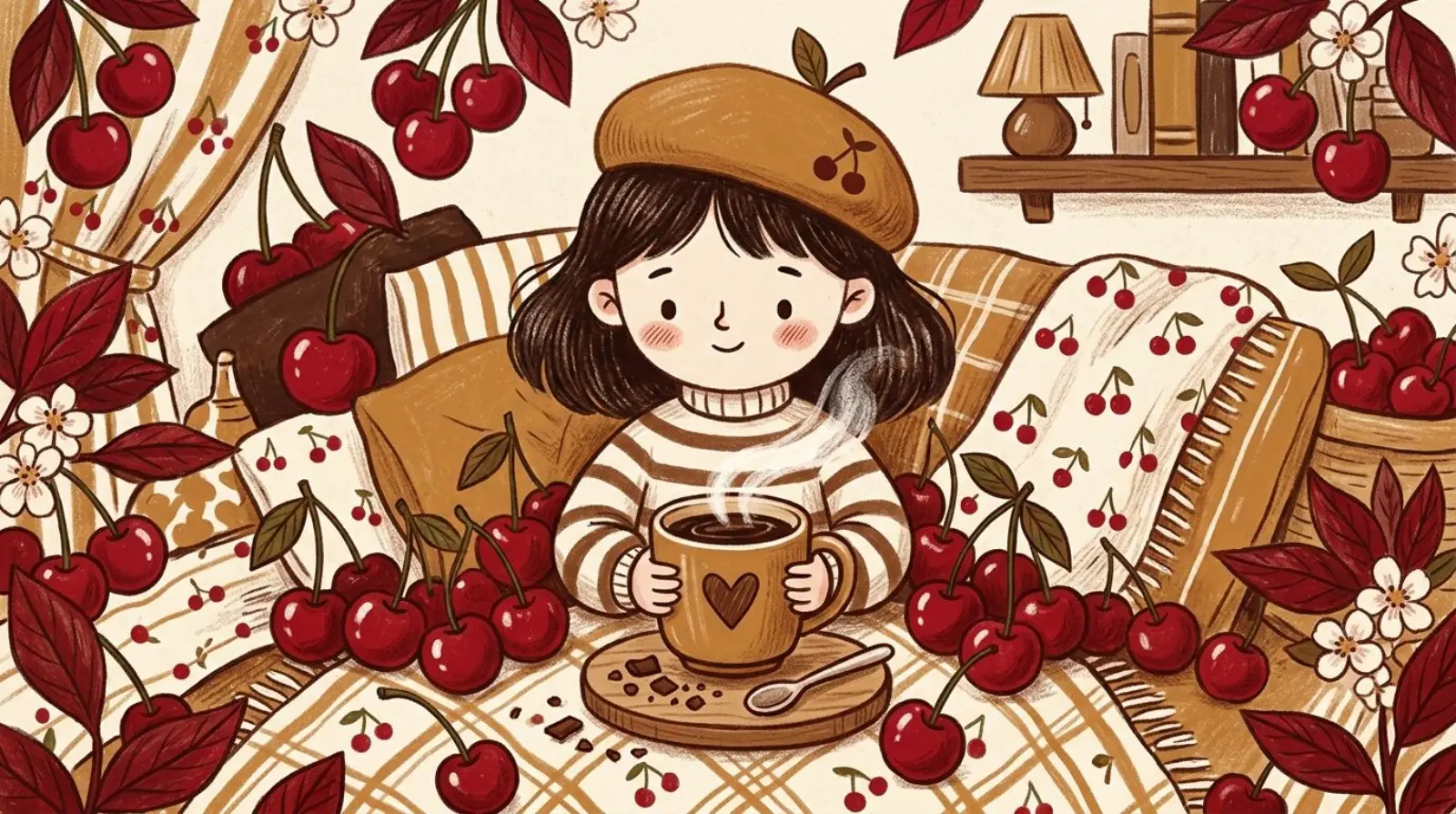 Illustration of a girl in a caramel beret enjoying a mug of coffee beside a bowl of fresh cherries and chocolate shavings