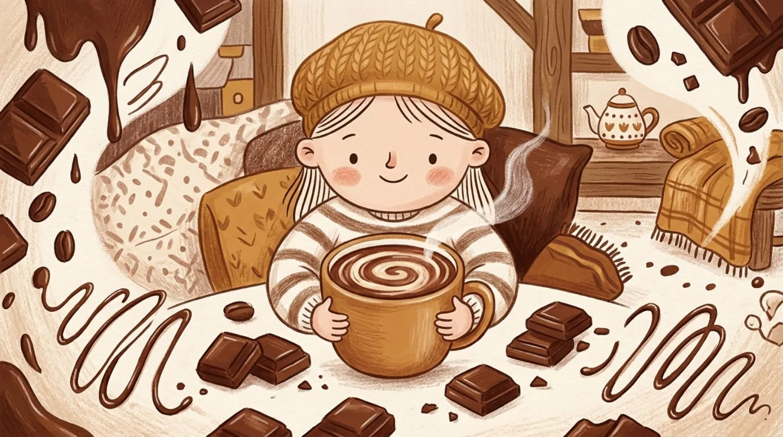 Illustration of a girl in a caramel beret holding a mug topped with cocoa swirl, surrounded by chocolate squares