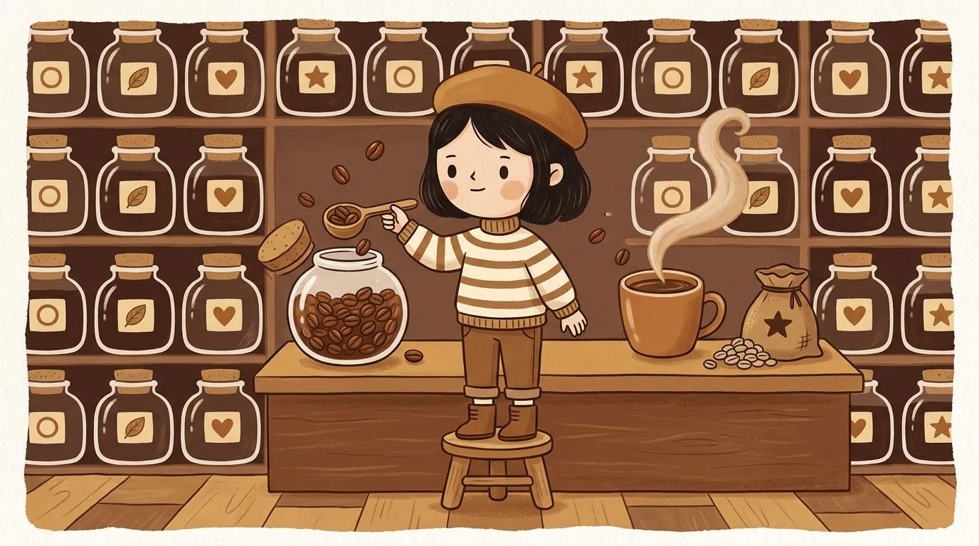 Illustration of a girl in a caramel beret scooping flavored coffee beans from a wall of glass jars