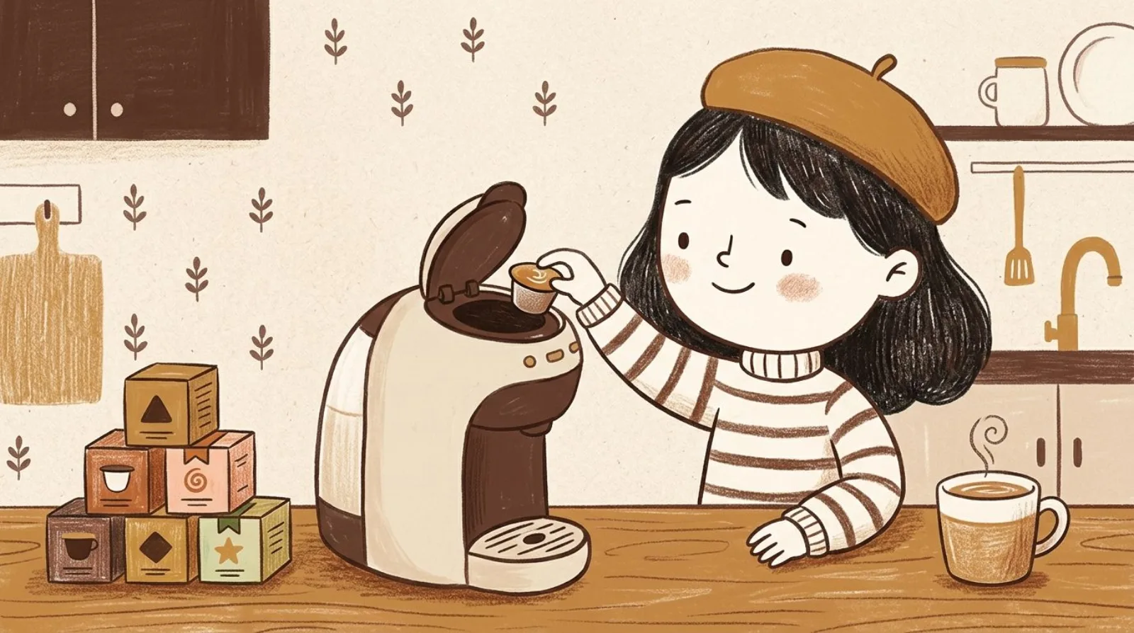 Illustration of a girl in a caramel beret loading flavored coffee pods into a Keurig-style brewer