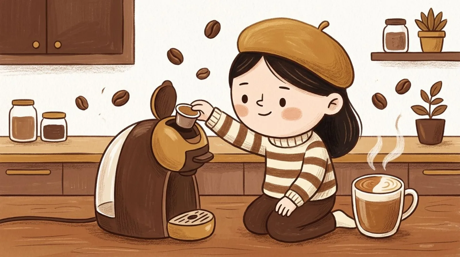 Illustration of a girl in a caramel beret pouring flavoring into a mug of half caff coffee beside a coffee pod brewer