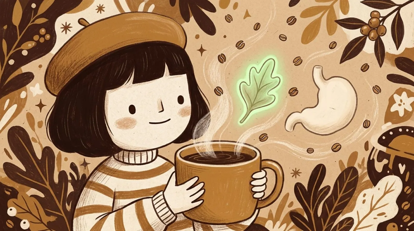 Illustration of a girl in a caramel beret holding a steaming mug beside a glowing leaf and a calm stomach shape