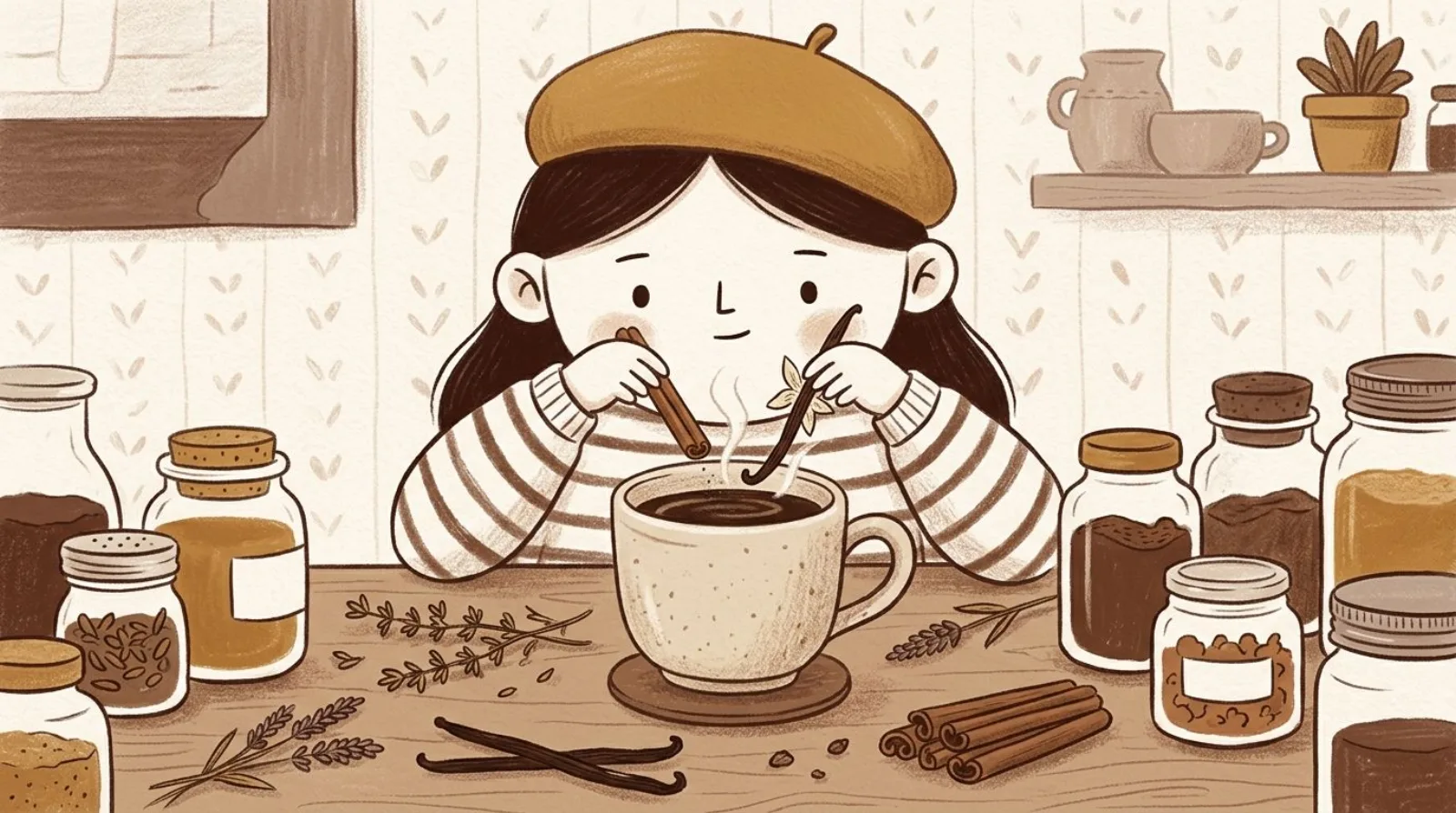 Illustration of a girl in a caramel beret pouring natural spices into a steaming mug of coffee