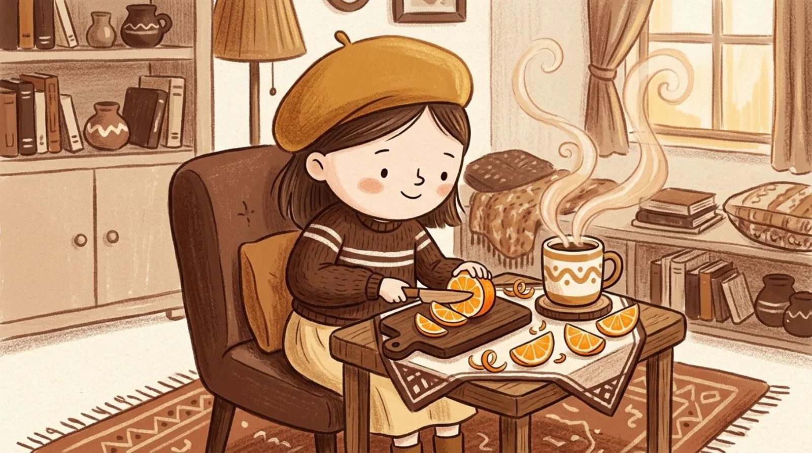 Illustration of a girl in a caramel beret slicing an orange beside a steaming mug of coffee