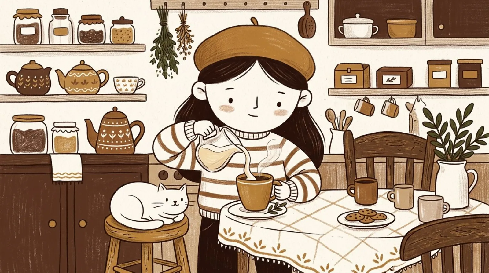 Illustration of a girl in a caramel beret pouring organic creamer into a steaming mug of coffee