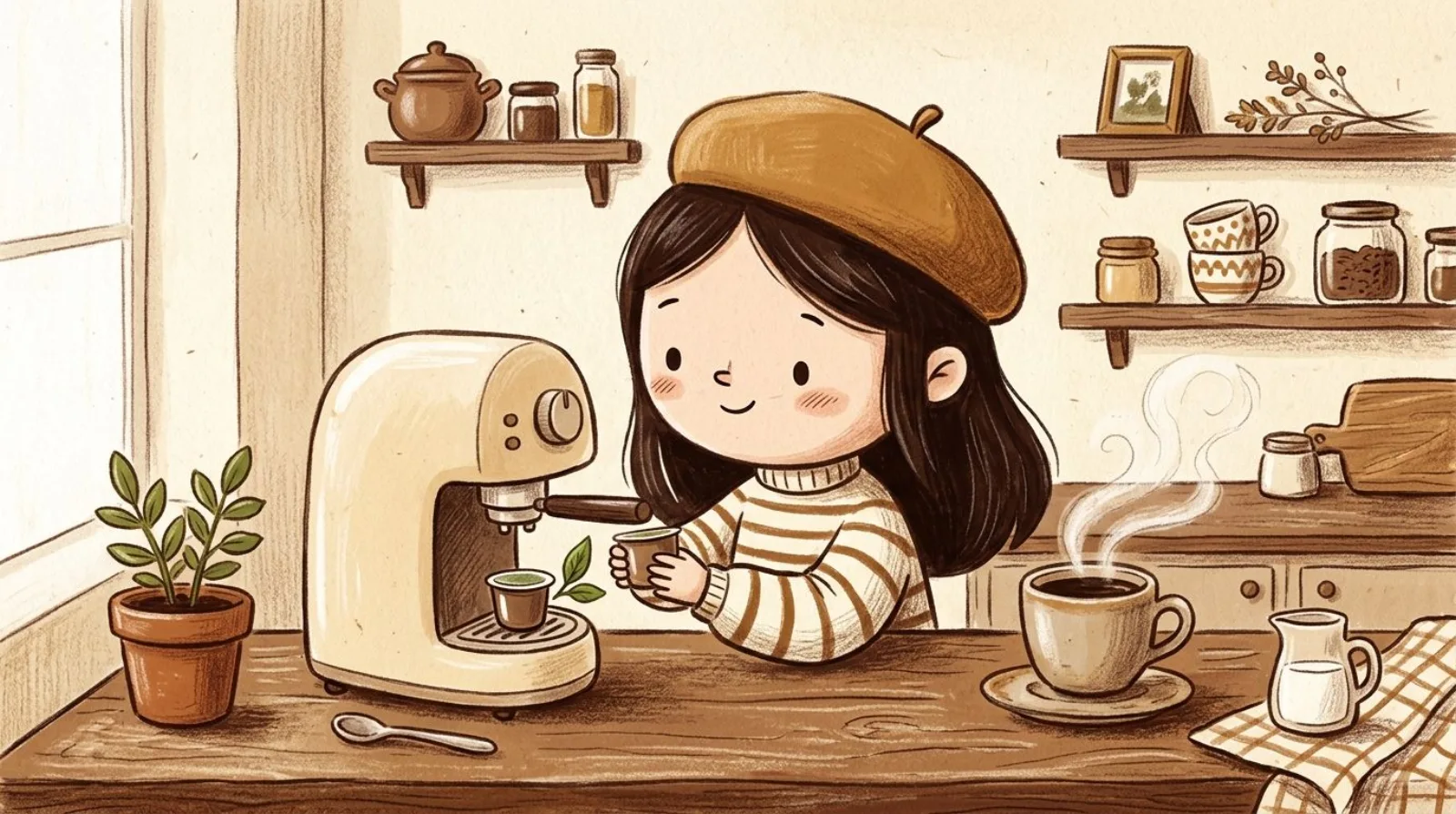 Illustration of a girl in a caramel beret loading an organic flavored coffee pod into a Keurig-style brewer beside a small organic leaf badge