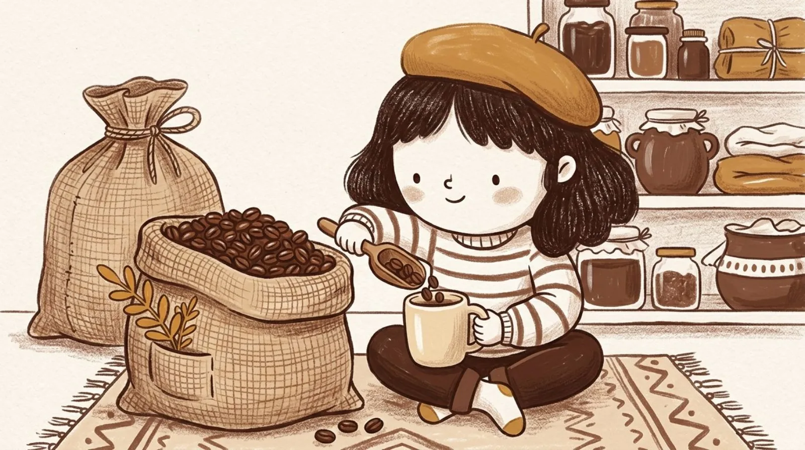 Illustration of a girl in a caramel beret pouring organic flavored coffee beans into a jar in a sunlit kitchen