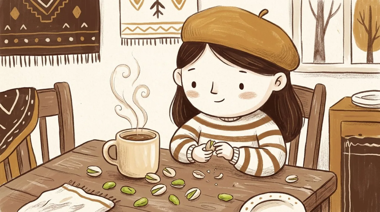 Illustration of a girl in a caramel beret cracking pistachios beside a steaming mug of coffee