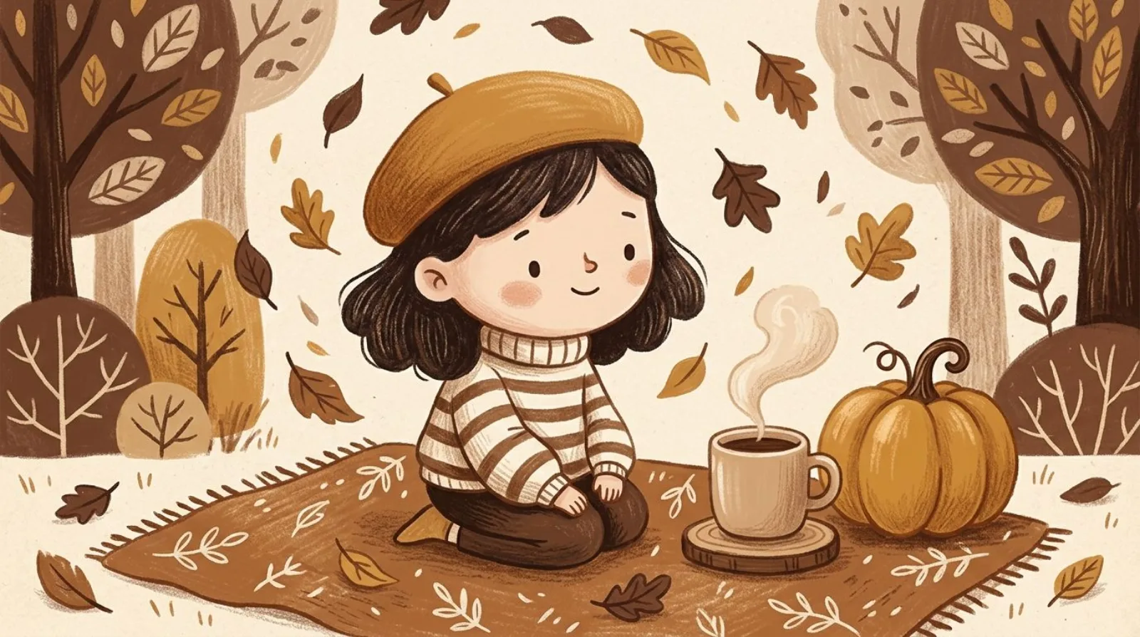 Illustration of a girl in a caramel beret enjoying pumpkin flavored coffee beside a pumpkin and autumn leaves