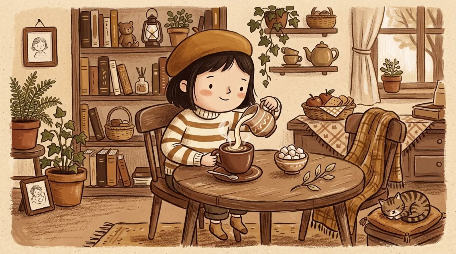 Illustration of a girl in a caramel beret pouring cream into a mug beside a bowl of untouched sugar cubes