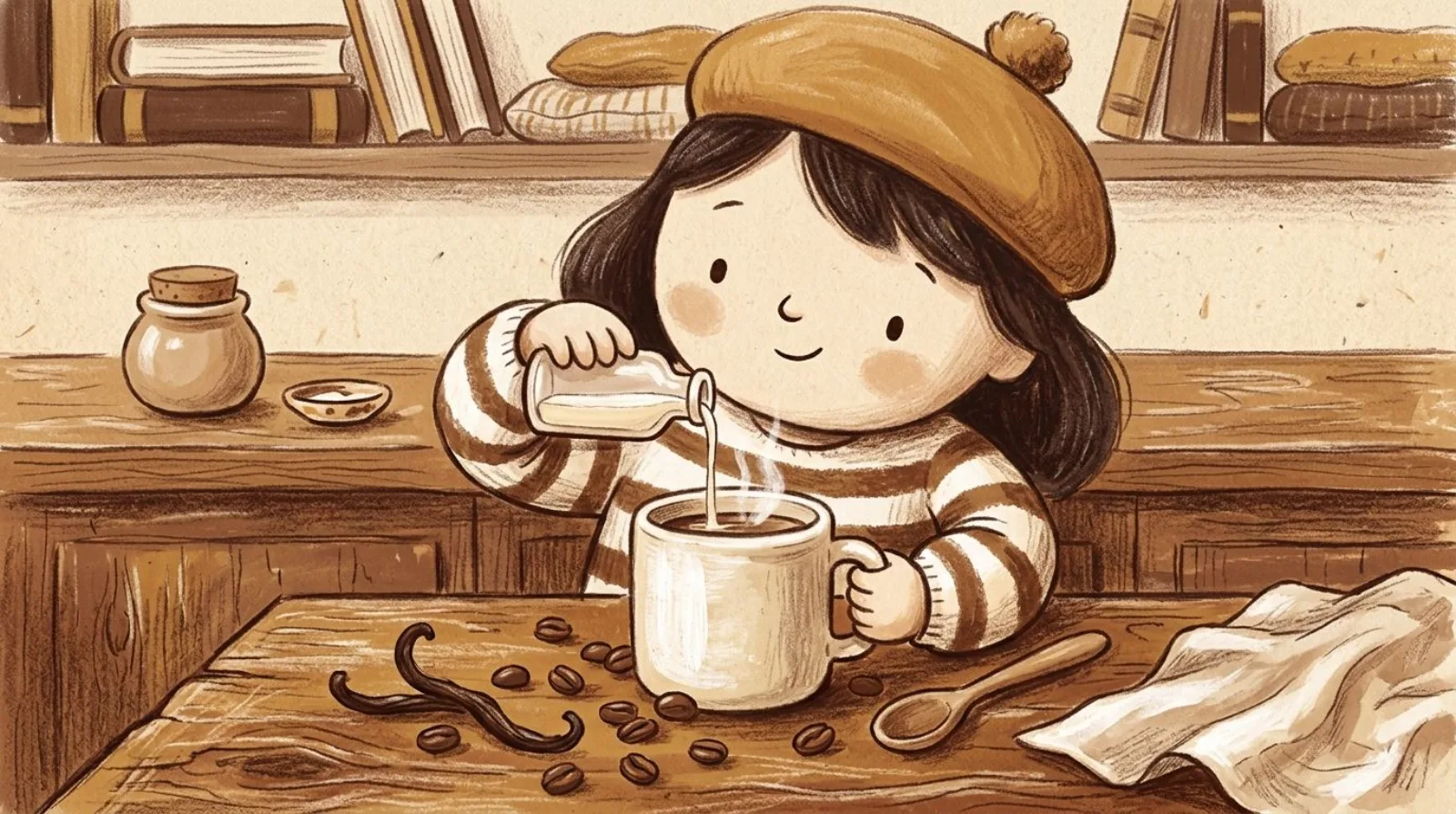 Illustration of a girl in a caramel beret pouring vanilla into a steaming mug beside coffee beans and a vanilla pod