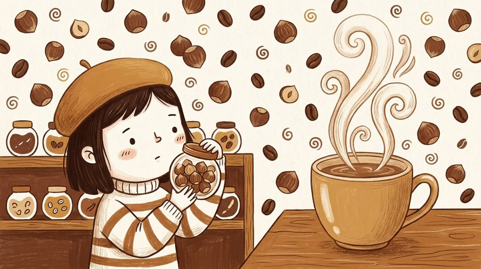 Illustration of a girl in a caramel beret inspecting a jar of hazelnuts beside a steaming mug of coffee