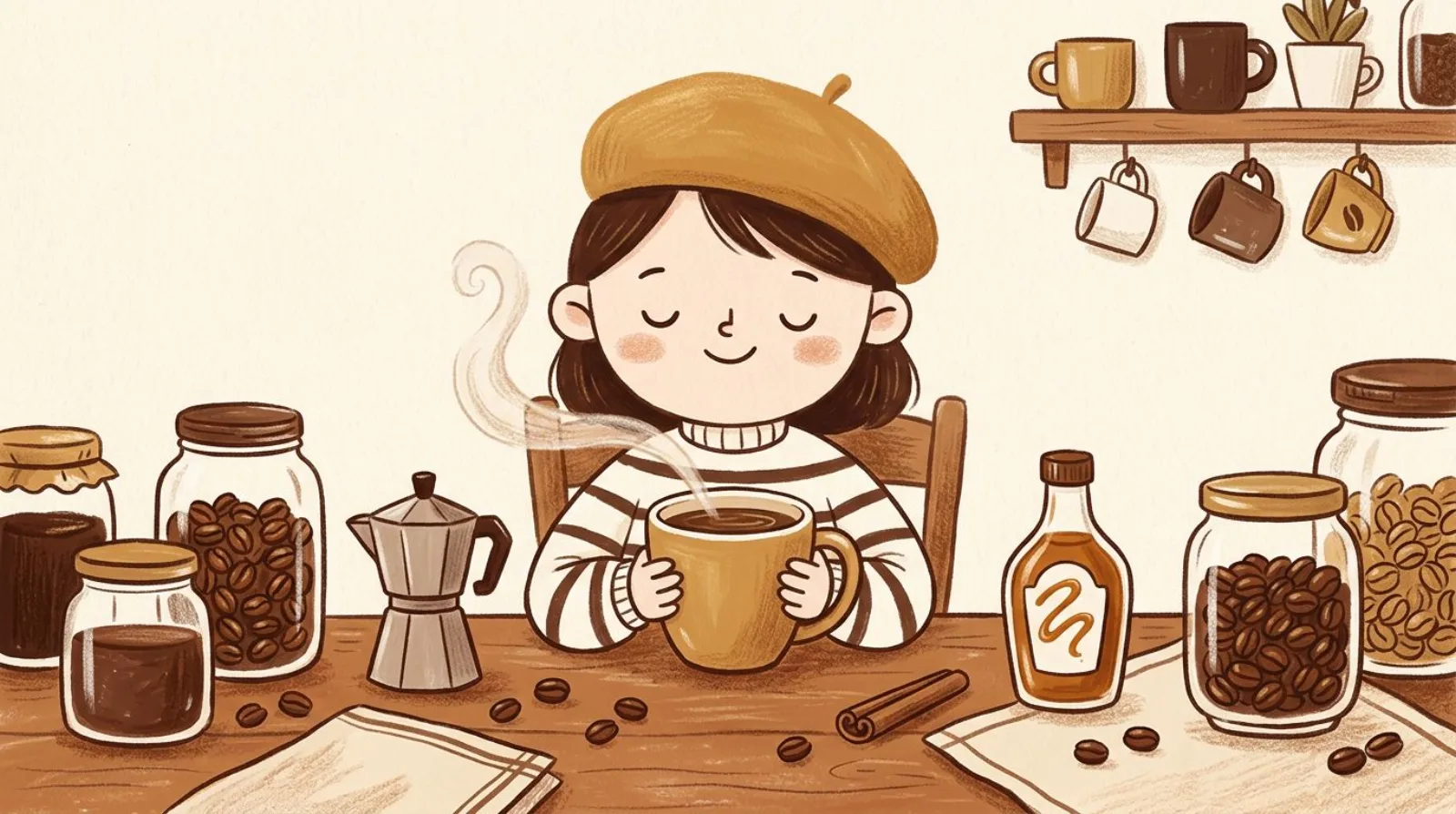 Illustration of a girl in a caramel beret enjoying a steaming mug of flavored coffee